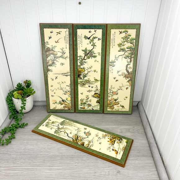 4 Large Mid Century Wood Panels Asian Birds Prints Evangeline Paint 1963 15 x 5" - Picture 6 of 9